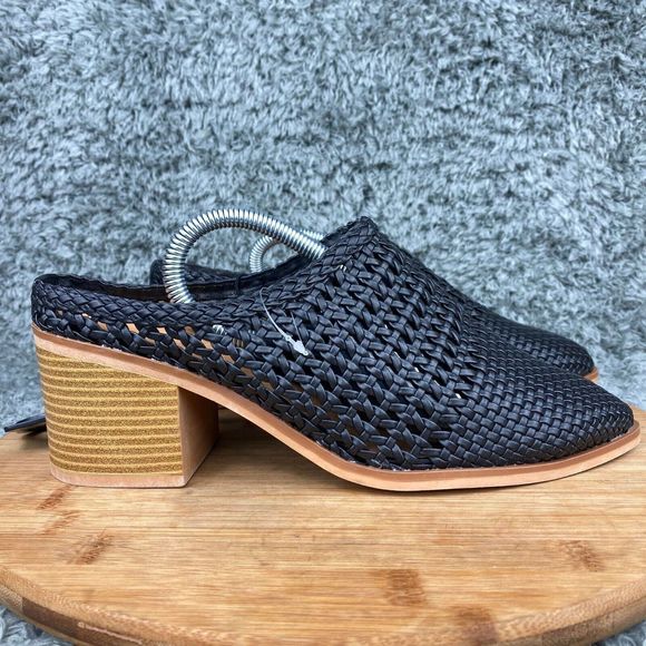 Time And Tru Shoes - Time & Tru Black Woven Heeled Mules Block Shoes Memory Foam